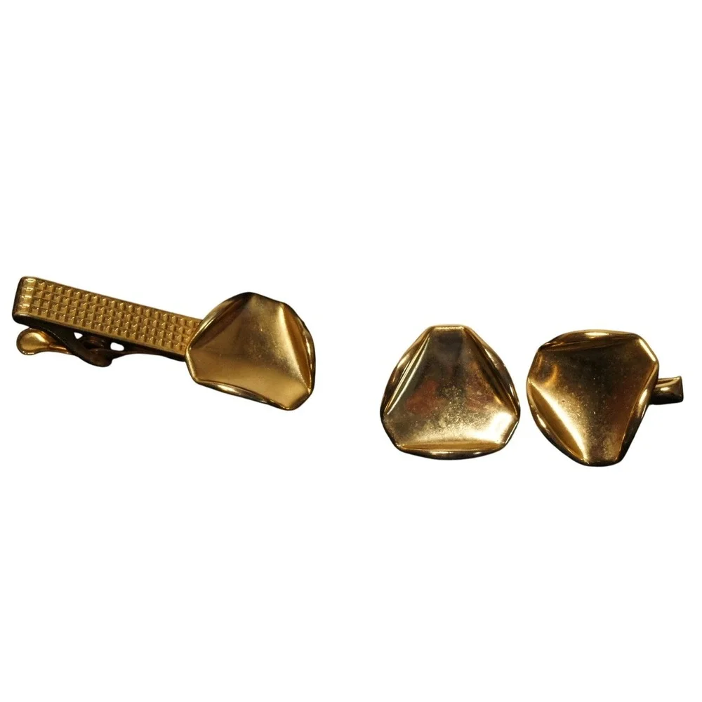 Vintage‎ Gold Tone Tie Bar & Cufflinks Set Abstract Modernist Mid Century